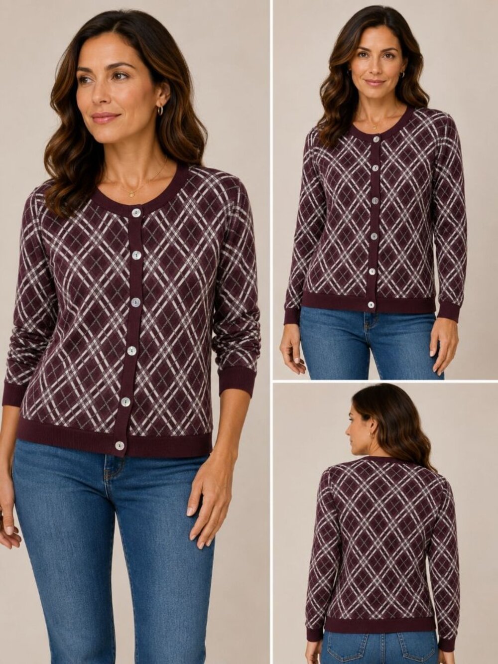 Cathy Daniels Vtg Plaid Button Front Cardigan Sweater Raisin/White Medium